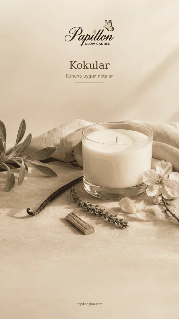 Papillon Glow "Kokular" hikâye kartı: cam bardakta beyaz soya mumu, yanında vanilya çubuğu, lavanta ve sandal ağacı parçası